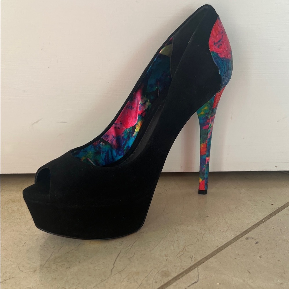 Brian Atwood Black and Vibrant Multicolor Heels
